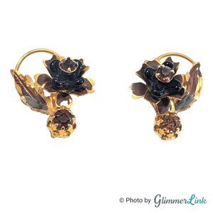 Vintage Austria Black Glass Flower & Topaz Rhinestone Gold Tone Clip On Earrings